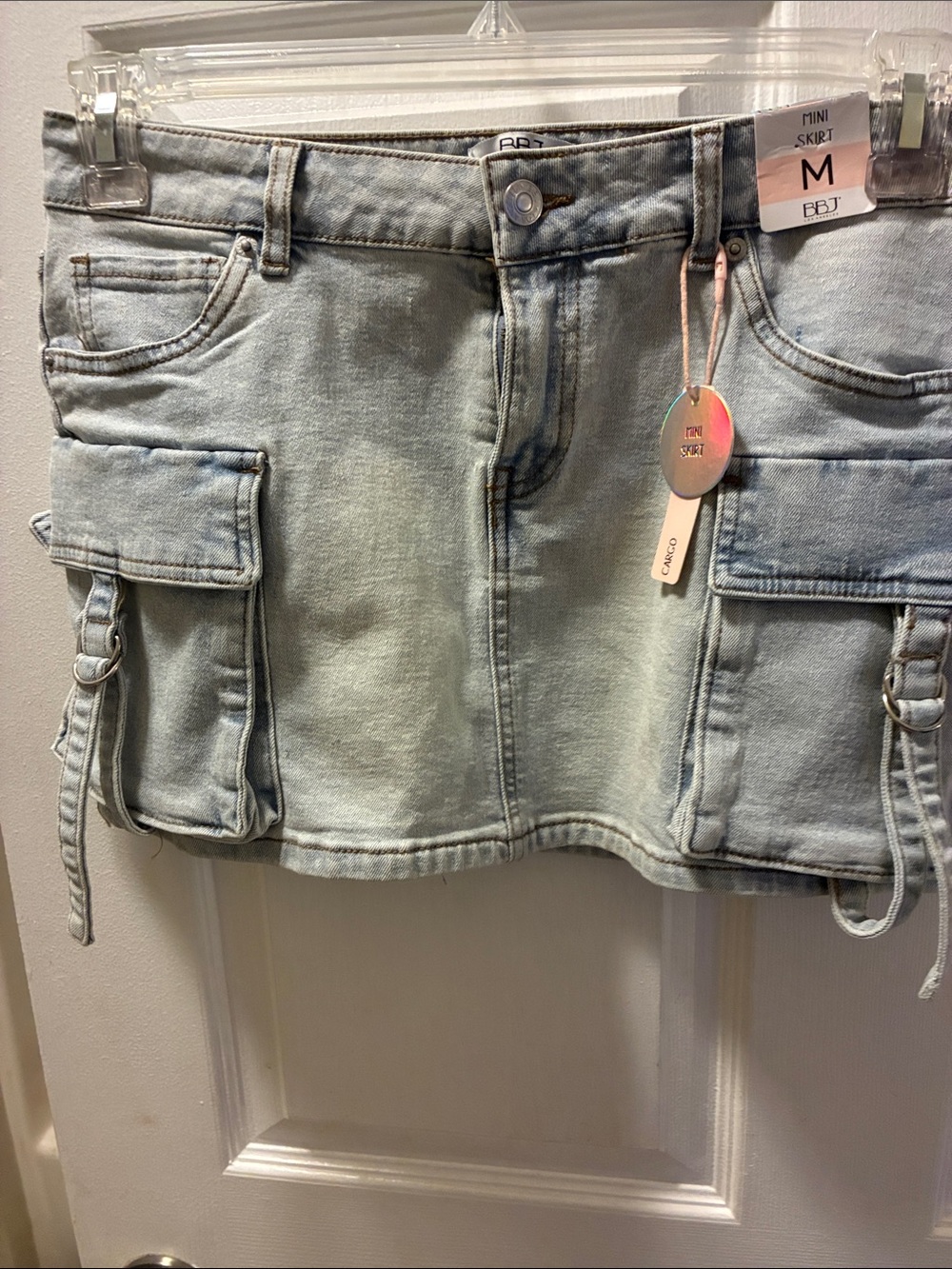 BBJ L.A Light Wash Cargo Denim Mini Skirt - Light Blue Edgy casual flap pockets
